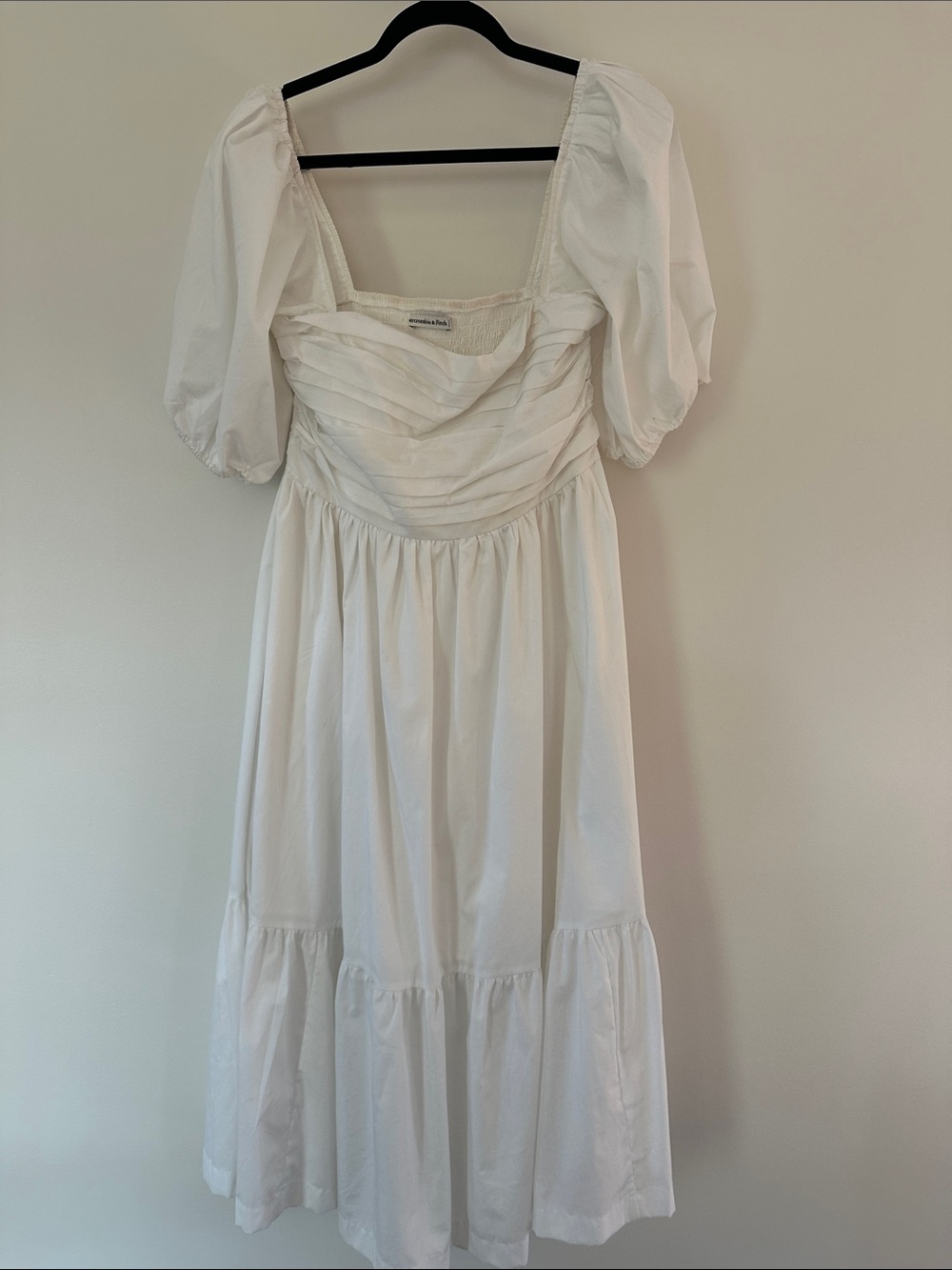Abercrombie & Fitch White Puff-Sleeve Ruched Midi Dress